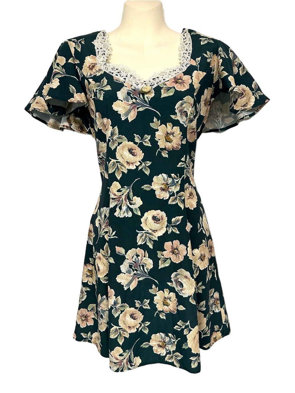 Vintage 90s Green Floral Rayon Mini Dress Lace Trim LaceUp Romantic Cottagecore